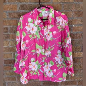 VTG Studio Works Hot Pink Linen Floral Long Sleeve Beach Hawaiian Shirt Sz 2X